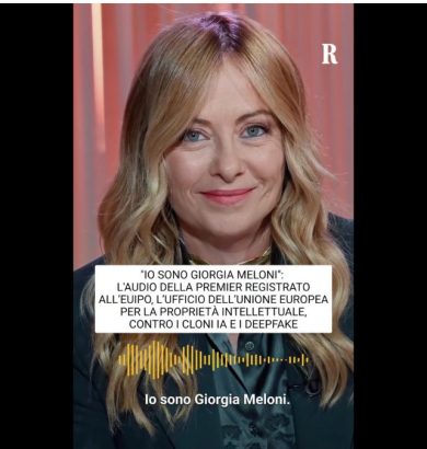 Giorgia Meloni olasz miniszterelnök jogi védelem alá helyezte az „Én vagyok Giorgia Meloni” mondatot, amelyet saját hangján rögzített az Európai Unió Szellemi Tulajdoni Hivatalánál.
